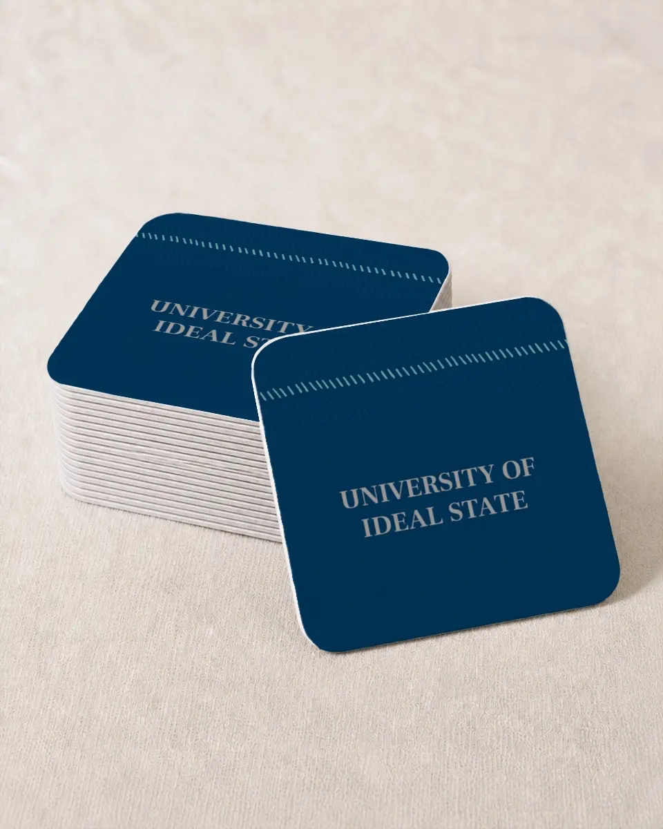 This is a 4" x 4" Wedding Coaster called Spirited Academics printed in full color with Gold foil on Kraft Chipboard paper