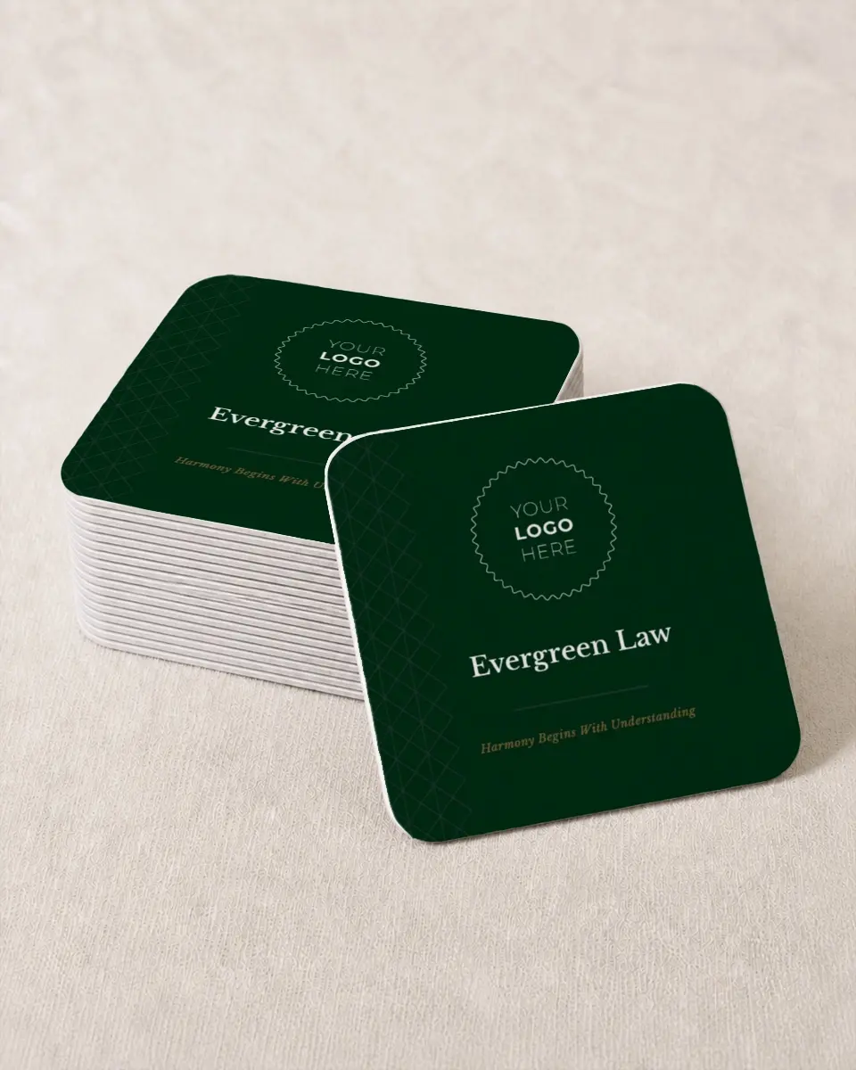 This is a 4" x 4" Wedding Coaster called Enduring Evergreen printed in full color with Silver foil on Kraft Chipboard paper