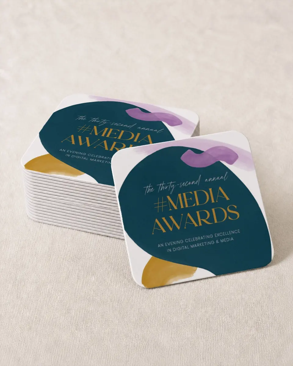 This is a 4" x 4" Wedding Coaster called Cordially Colorful printed in full color on Kraft Chipboard paper