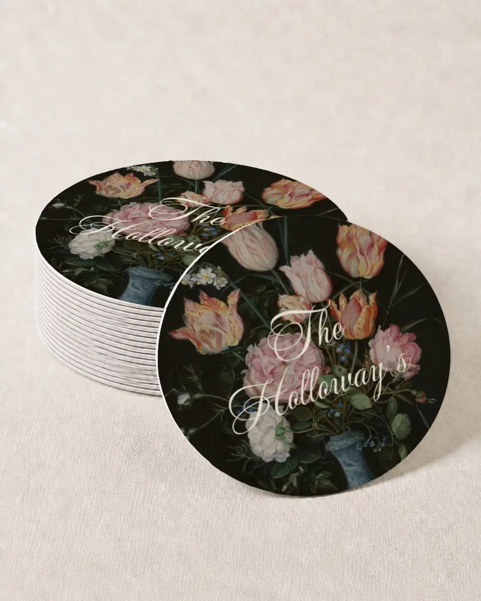This is a 4" x 4" Wedding Coaster called Grand Party printed in full color on Kraft Chipboard paper