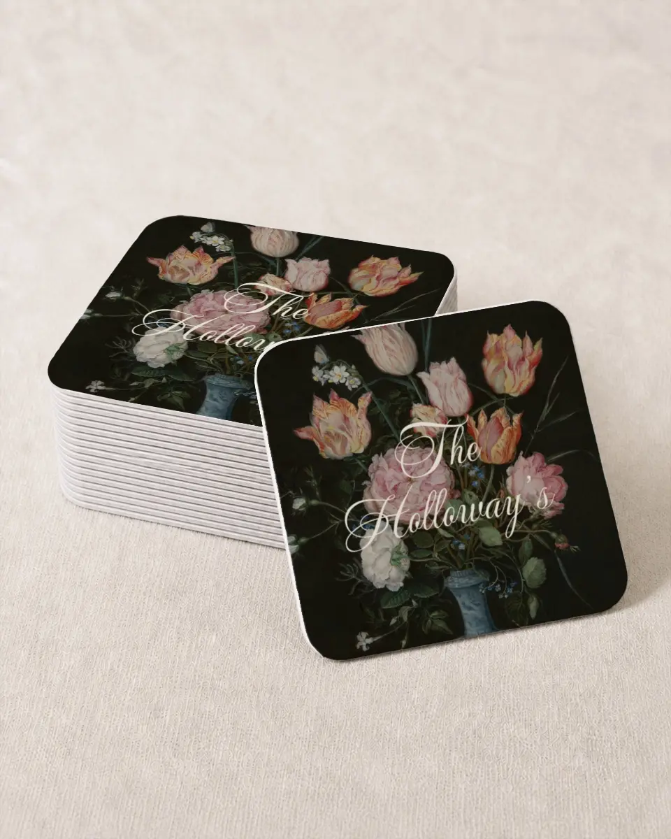 This is a 4" x 4" Wedding Coaster called Grand Party printed in full color with Gold foil on Kraft Chipboard paper