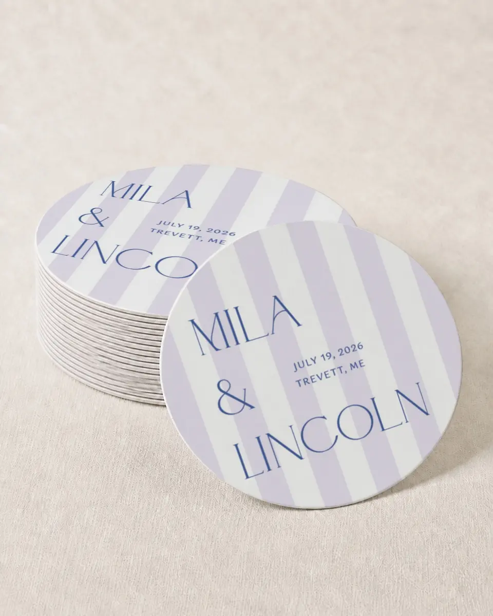 This is a 4" x 4" Wedding Coaster called The Mila printed in full color with Gold foil on Kraft Chipboard paper