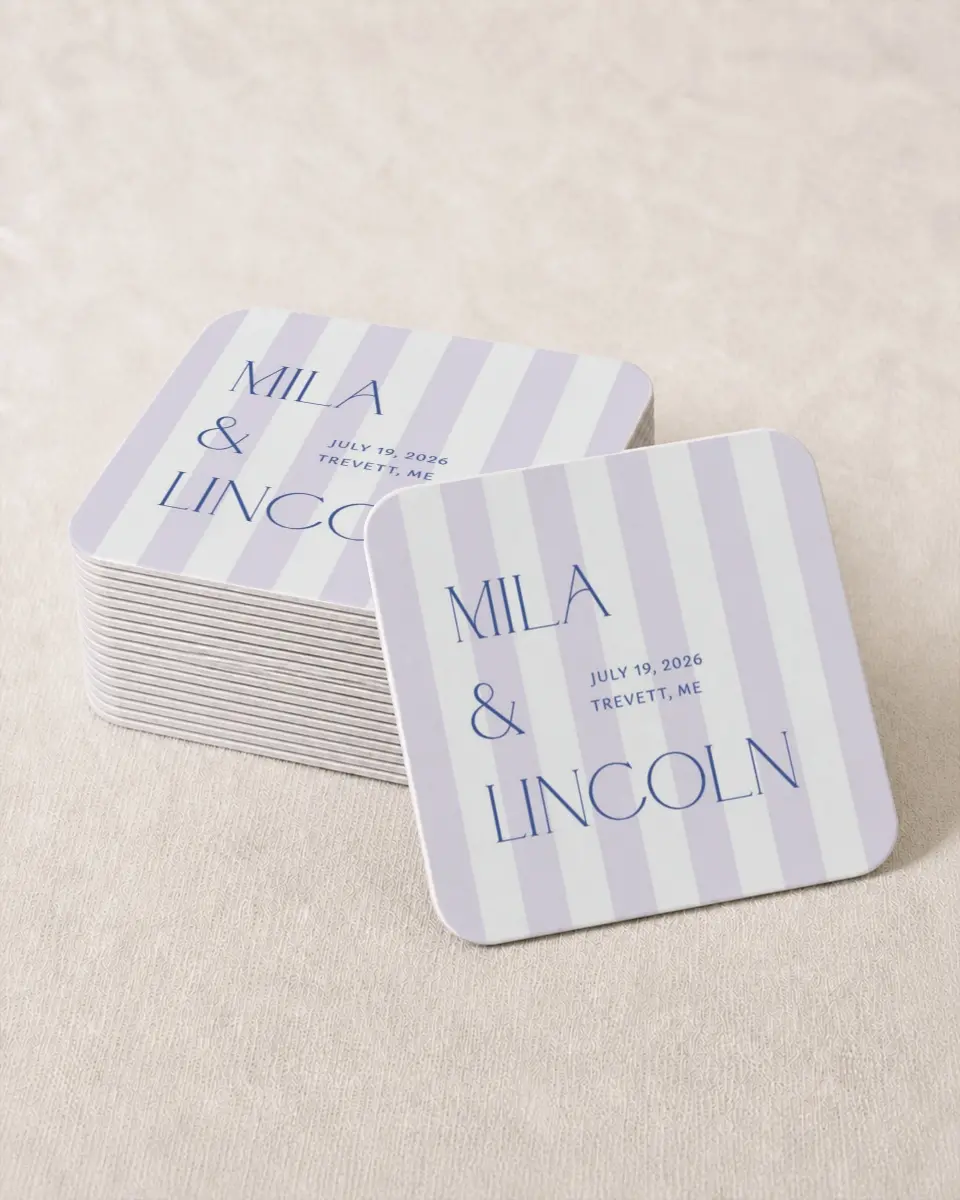 This is a 4" x 4" Wedding Coaster called The Mila printed in full color on Kraft Chipboard paper