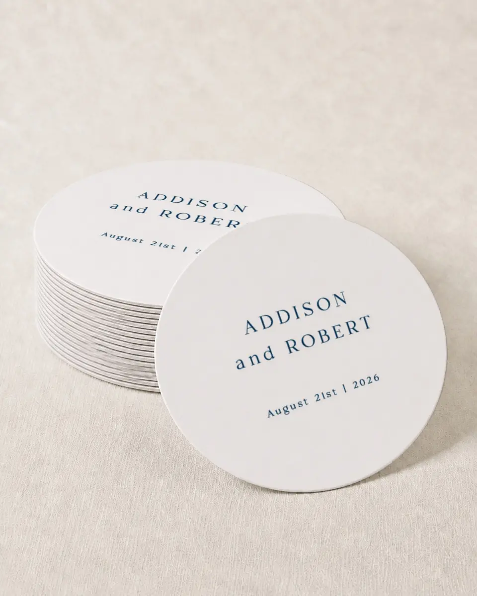 This is a 4" x 4" Wedding Coaster called The Addison printed in full color on Kraft Chipboard paper