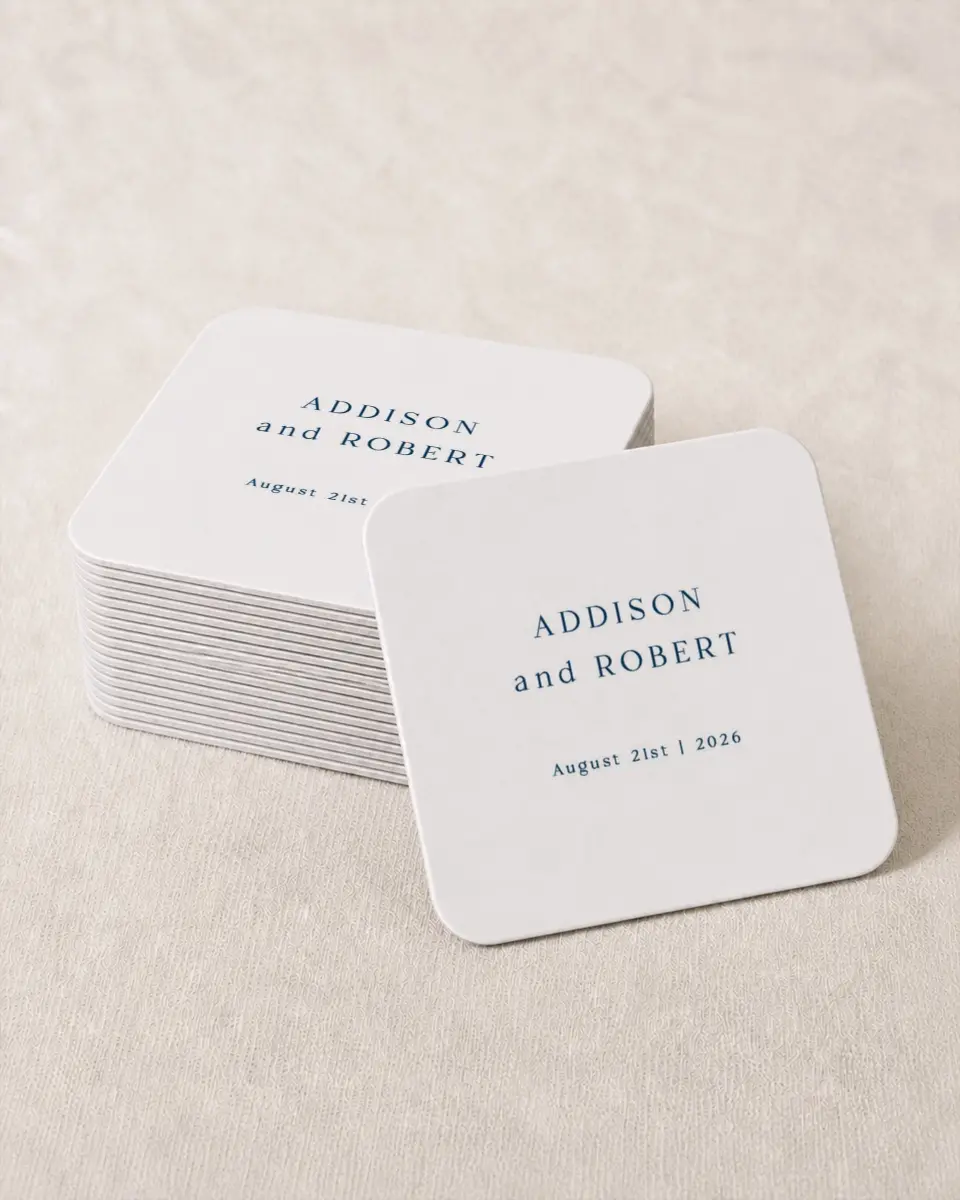 This is a 4" x 4" Wedding Coaster called The Addison printed in full color with Gold foil on Kraft Chipboard paper