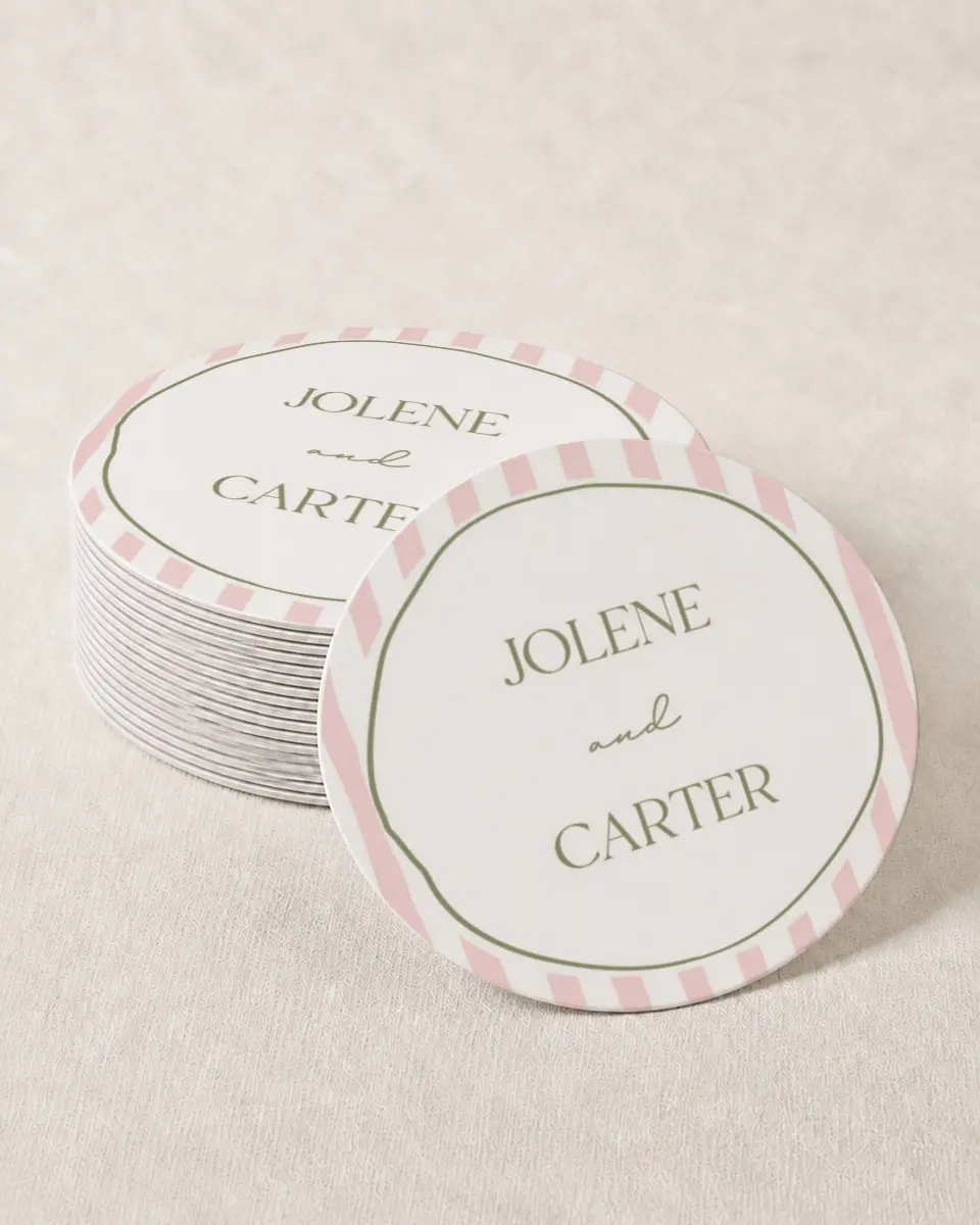 This is a 4" x 4" Wedding Coaster called The Jolene printed in full color on Kraft Chipboard paper