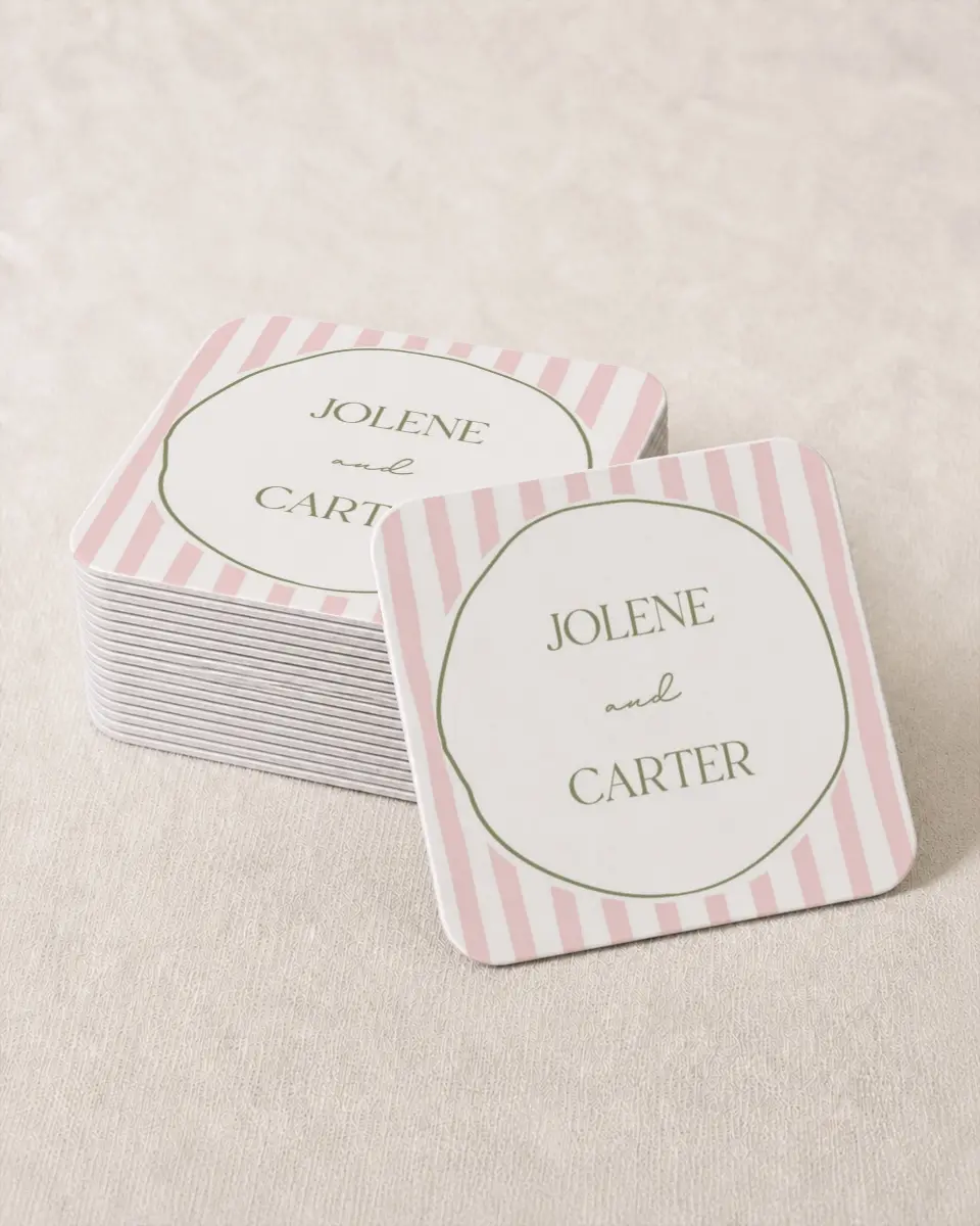 This is a 4" x 4" Wedding Coaster called The Jolene printed in full color with Gold foil on Kraft Chipboard paper