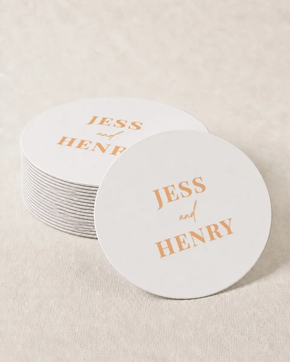 This is a 4" x 4" Wedding Coaster called The Jess printed in full color on Kraft Chipboard paper