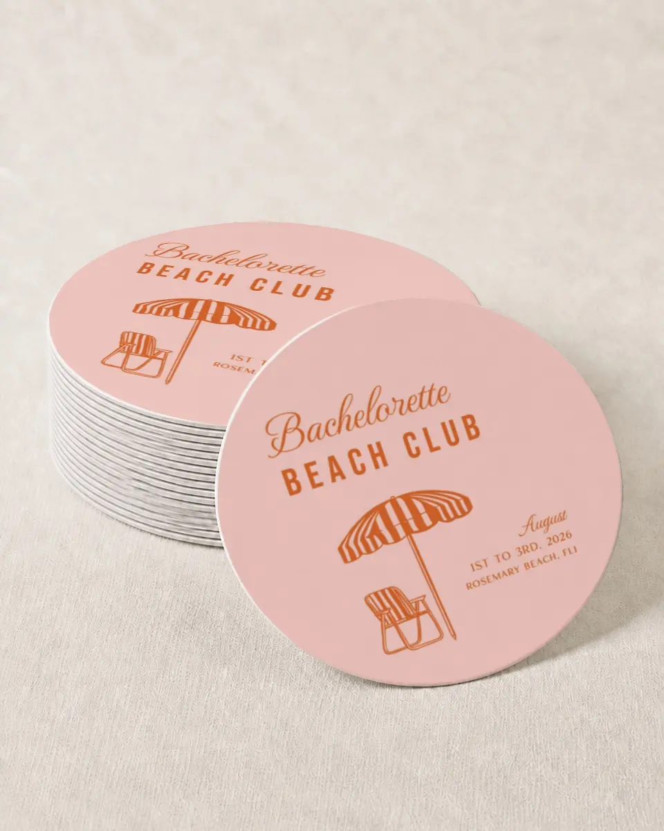 This is a 4" x 4" Bachelorette Party Thank You Card called Bach Beach Club printed in full color on Kraft Chipboard paper