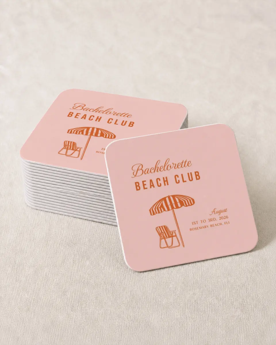 This is a 4" x 4" Bachelorette Party Thank You Card called Bach Beach Club printed in full color on Kraft Chipboard paper