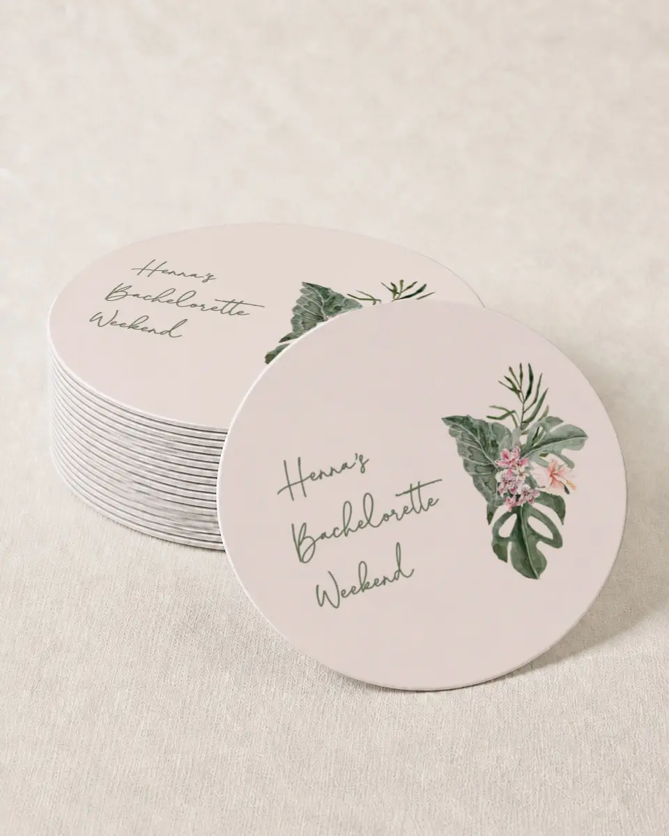 This is a 4" x 4" Bachelorette Party Thank You Card called Idyllic Island printed in full color on Kraft Chipboard paper