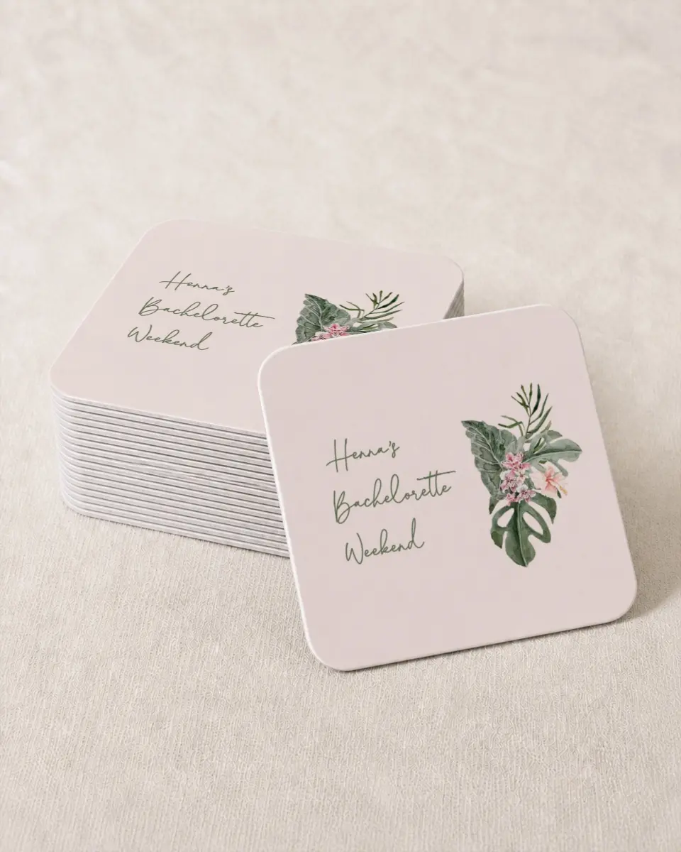 This is a 4" x 4" Bachelorette Party Thank You Card called Idyllic Island printed in full color on Kraft Chipboard paper