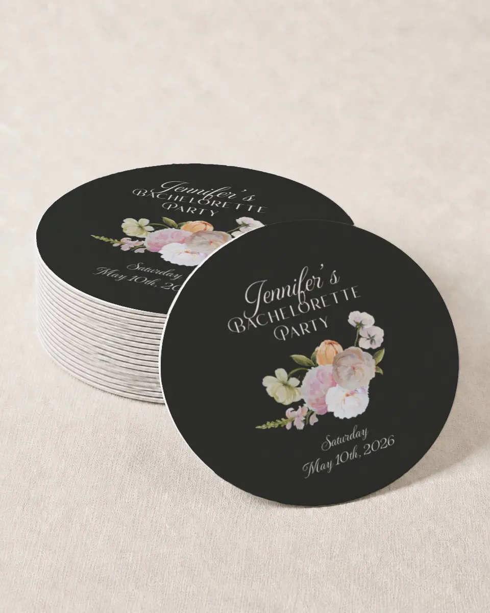 This is a 4" x 4" Bachelorette Party Thank You Card called Floral Feels printed in full color on Kraft Chipboard paper