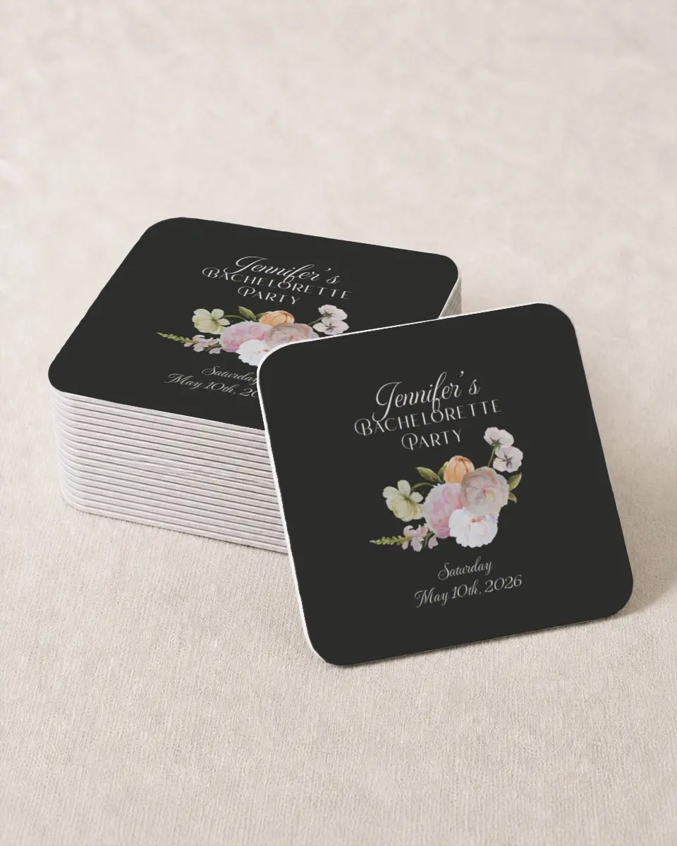 This is a 4" x 4" Bachelorette Party Thank You Card called Floral Feels printed in full color on Kraft Chipboard paper