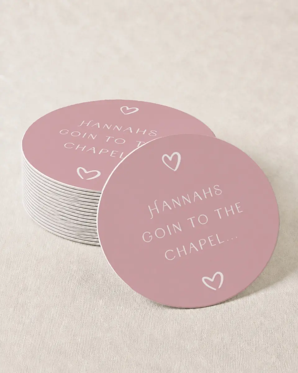This is a 4" x 4" Bachelorette Party Thank You Card called Going to the Chapel printed in full color on Kraft Chipboard paper