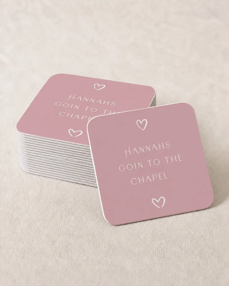 This is a 4" x 4" Bachelorette Party Thank You Card called Going to the Chapel printed in full color on Kraft Chipboard paper