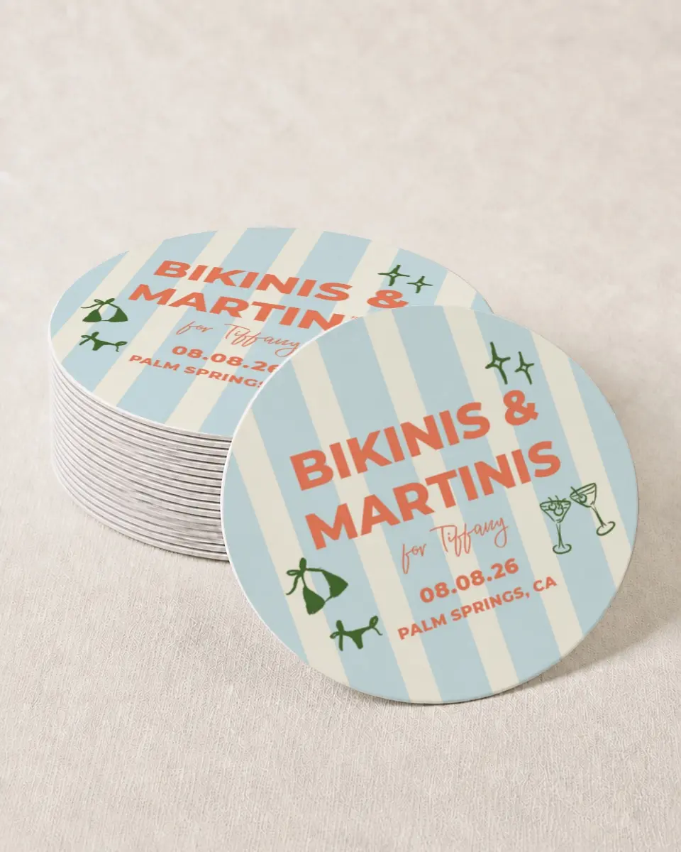 This is a 4" x 4" Bachelorette Party Thank You Card called Bikinis & Martinis printed in full color on Kraft Chipboard paper