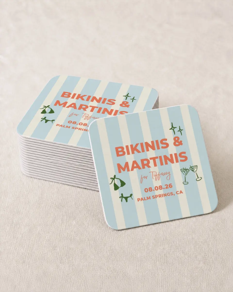 This is a 4" x 4" Bachelorette Party Thank You Card called Bikinis & Martinis printed in full color on Kraft Chipboard paper