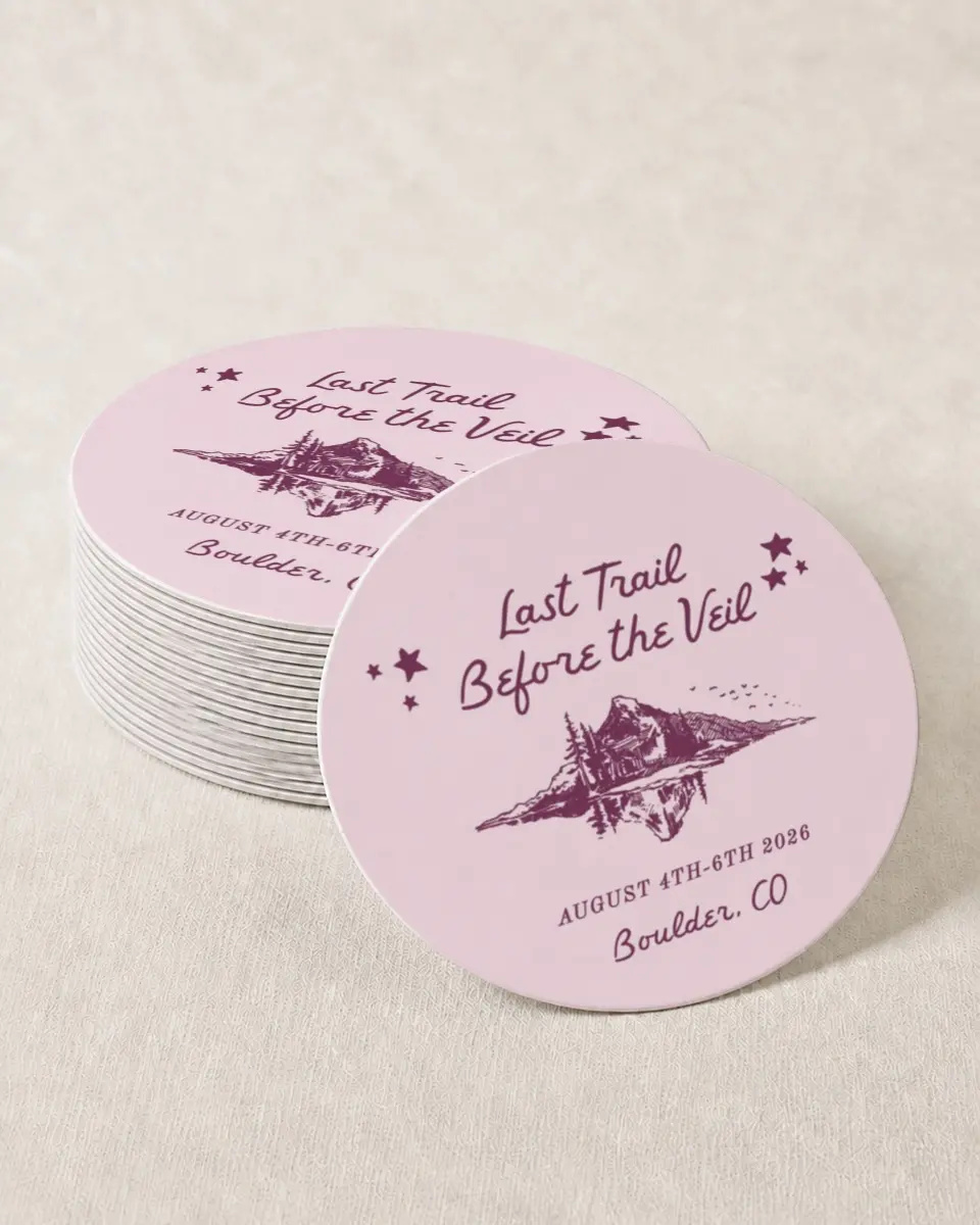 This is a 4" x 4" Bachelorette Party Thank You Card called Last Trail printed in full color on Kraft Chipboard paper