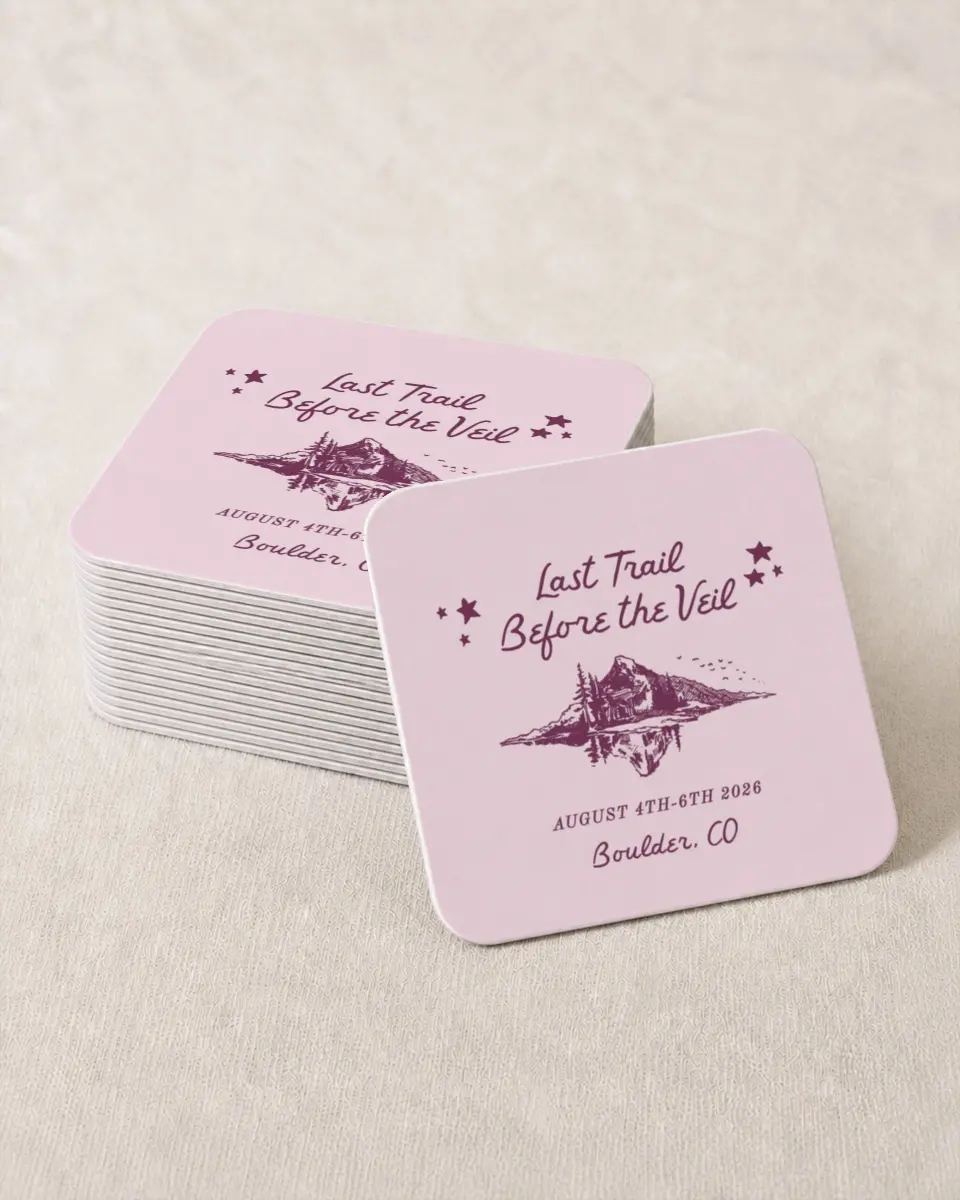 This is a 4" x 4" Bachelorette Party Thank You Card called Last Trail printed in full color on Kraft Chipboard paper