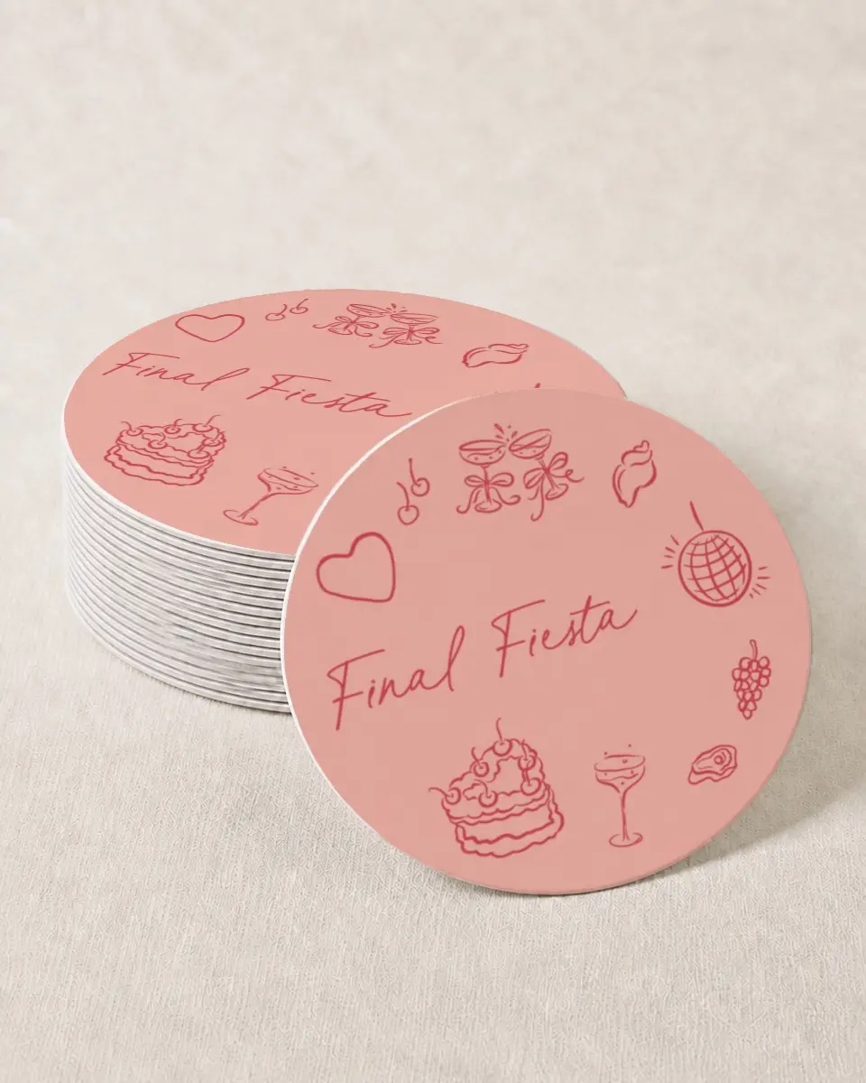 This is a 4" x 4" Bachelorette Party Thank You Card called Final Fiesta printed in full color on Kraft Chipboard paper