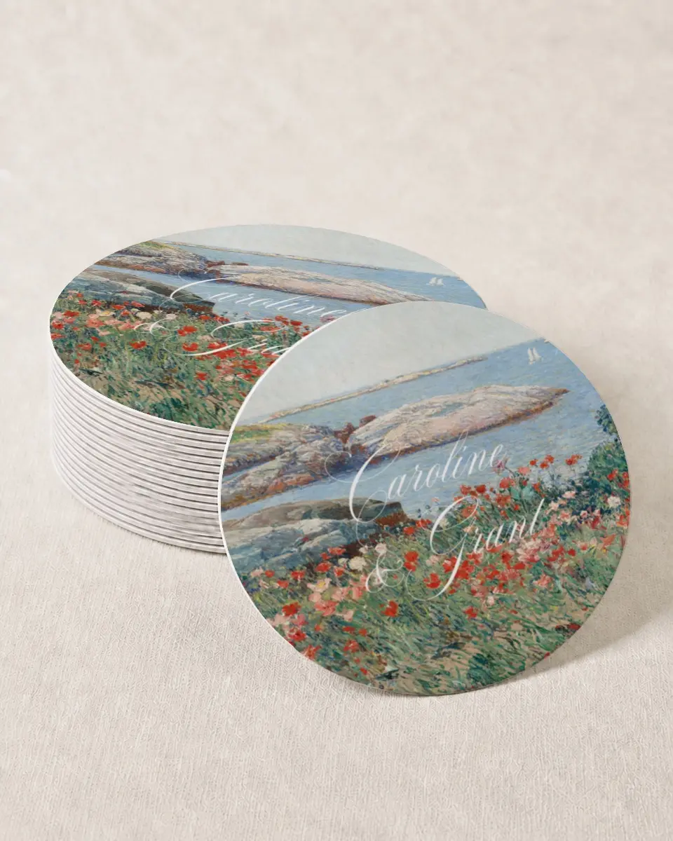This is a 4" x 4" Wedding Coaster called Bradley printed in full color on Kraft Chipboard paper