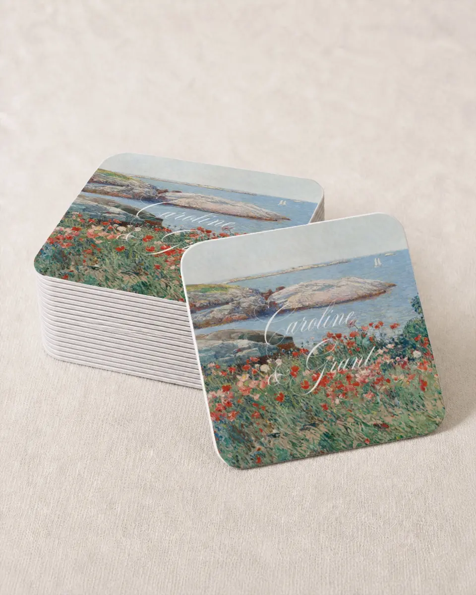 This is a 4" x 4" Wedding Coaster called Bradley printed in full color on Kraft Chipboard paper