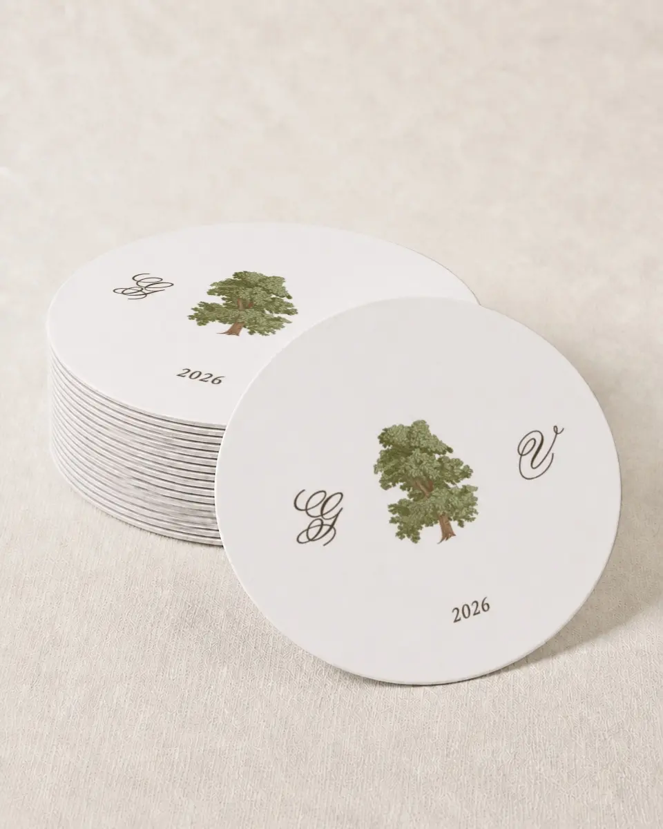 This is a 4" x 4" Wedding Coaster called Holloway printed in full color on Kraft Chipboard paper