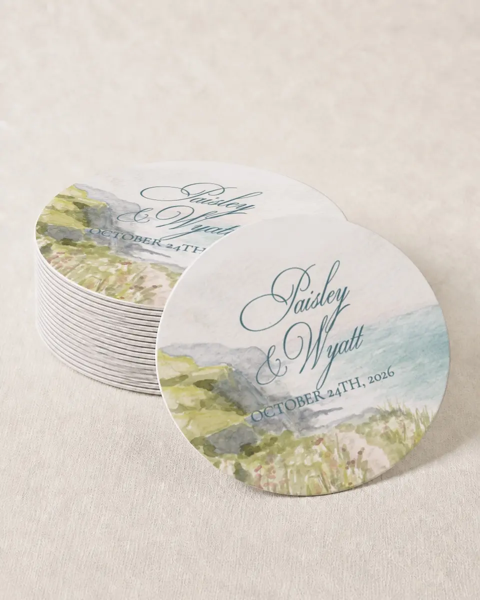 This is a 4" x 4" Wedding Coaster called Kensington printed in full color on Kraft Chipboard paper