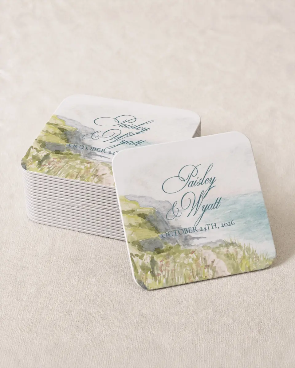 This is a 4" x 4" Wedding Coaster called Kensington printed in full color on Kraft Chipboard paper