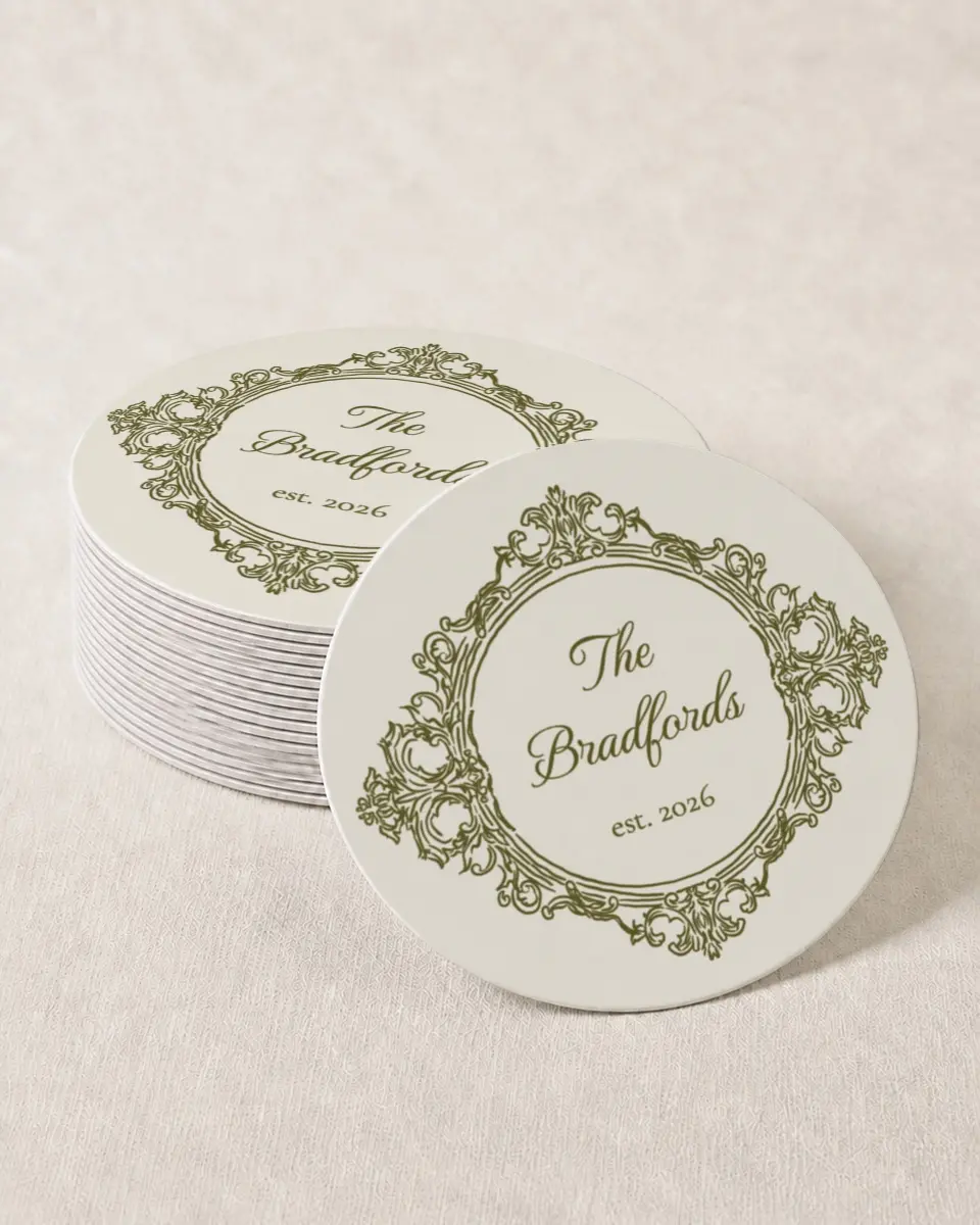 This is a 4" x 4" Wedding Coaster called Nantucket printed in full color with Gold foil on Kraft Chipboard paper