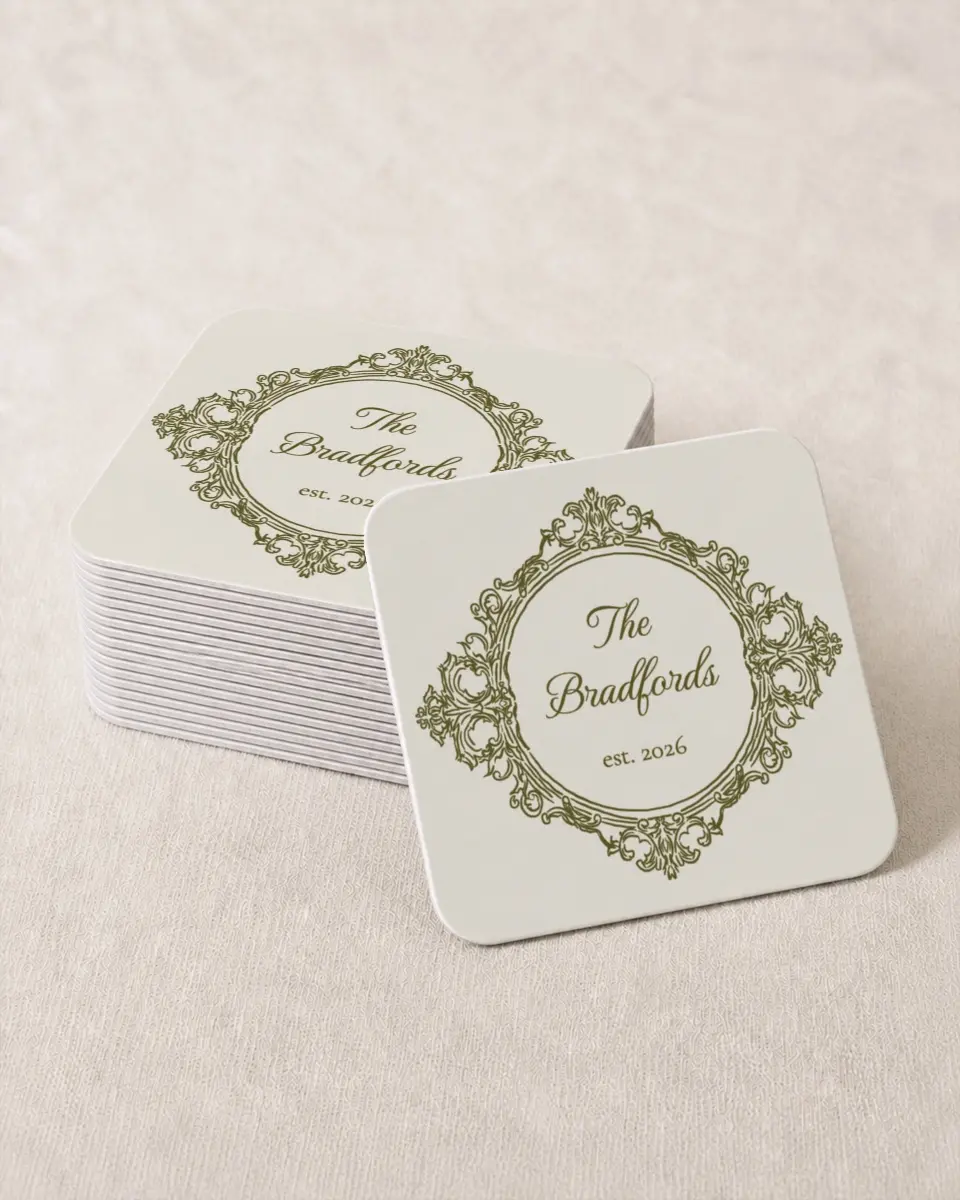 This is a 4" x 4" Wedding Coaster called Nantucket printed in full color on Kraft Chipboard paper