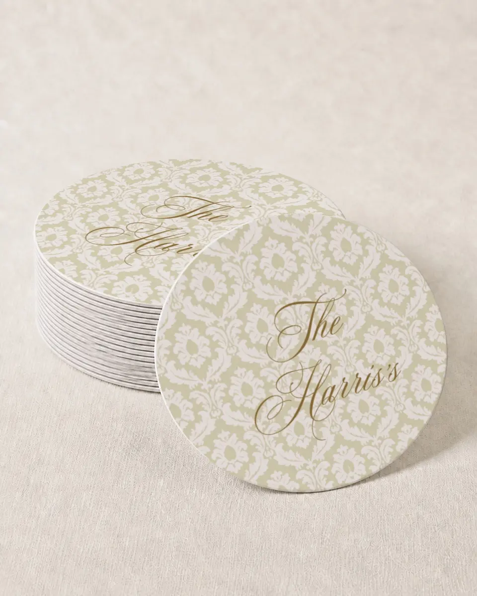 This is a 4" x 4" Wedding Coaster called Wayzata printed in full color on Kraft Chipboard paper