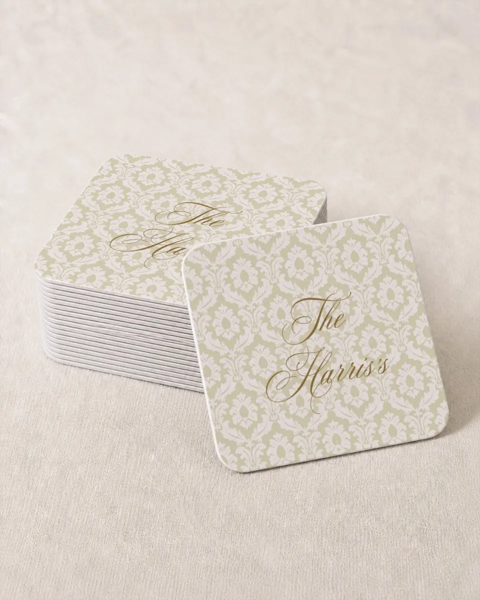 This is a 4" x 4" Wedding Coaster called Wayzata printed in full color on Kraft Chipboard paper
