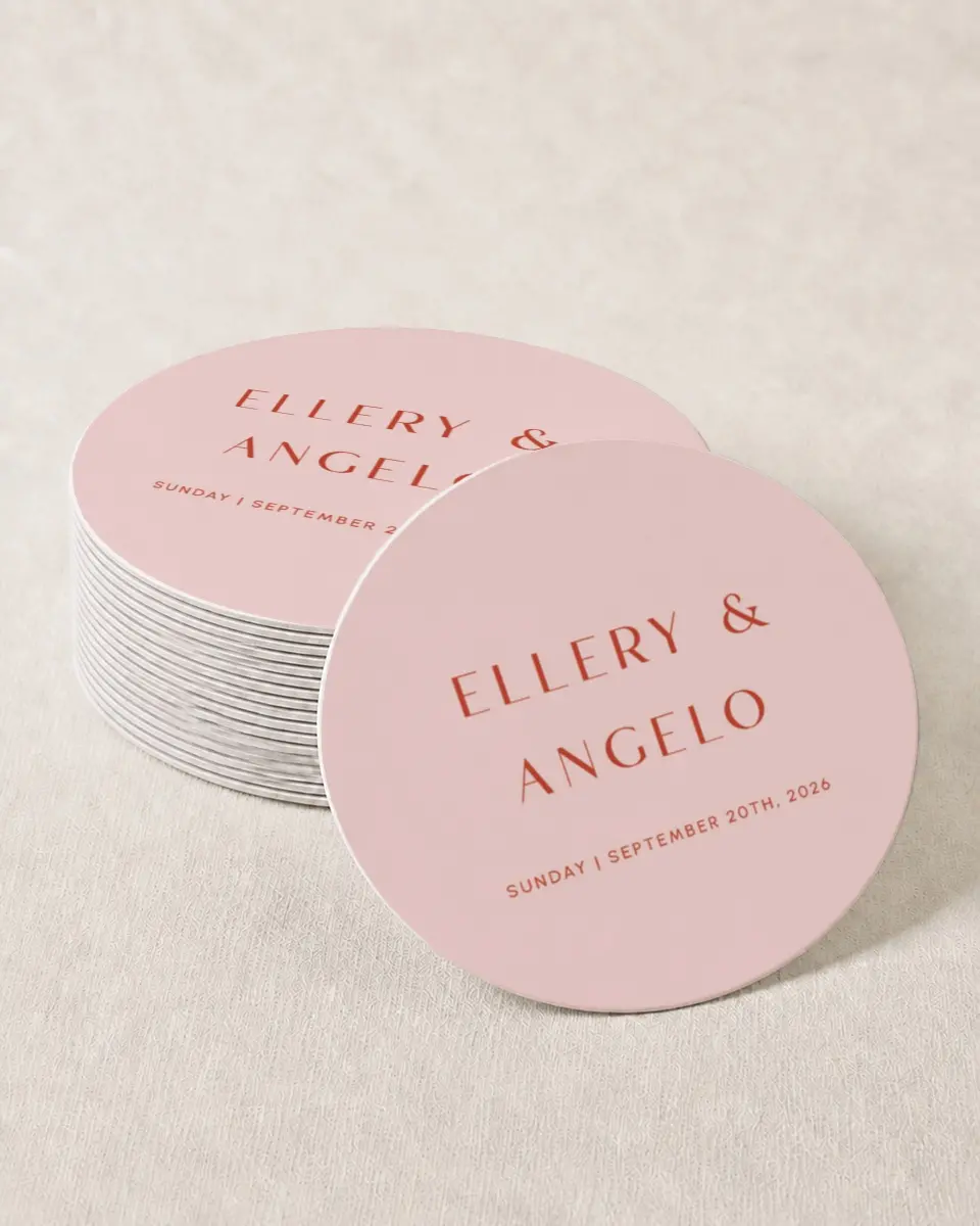 This is a 4" x 4" Wedding Coaster called Boathouse Bliss printed in full color with Gold foil on Kraft Chipboard paper