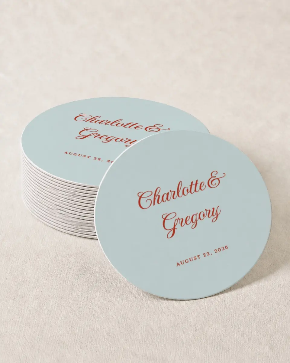 This is a 4" x 4" Wedding Coaster called Mod Elegance printed in full color with Gold foil on Kraft Chipboard paper