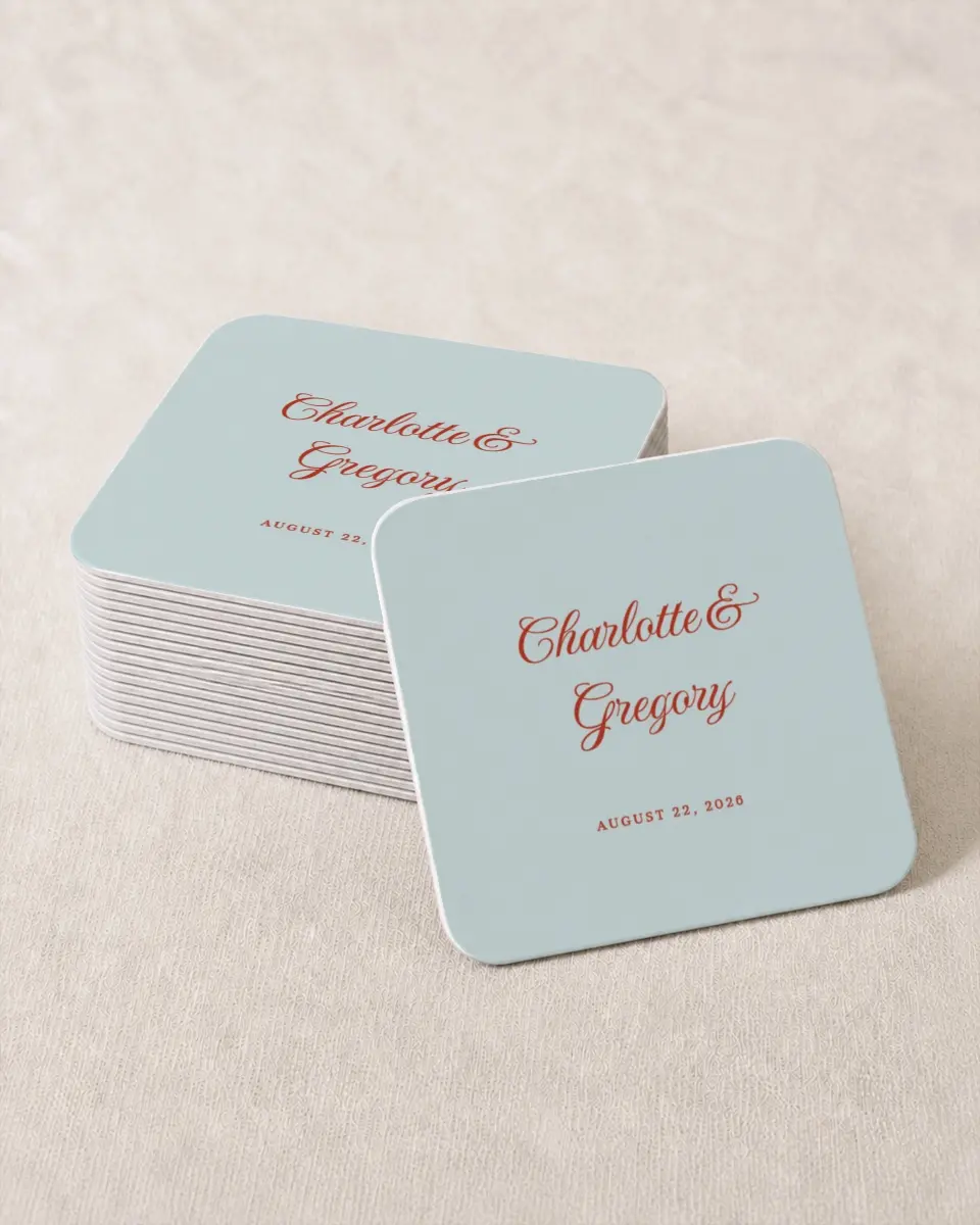 This is a 4" x 4" Wedding Coaster called Mod Elegance printed in full color on Kraft Chipboard paper