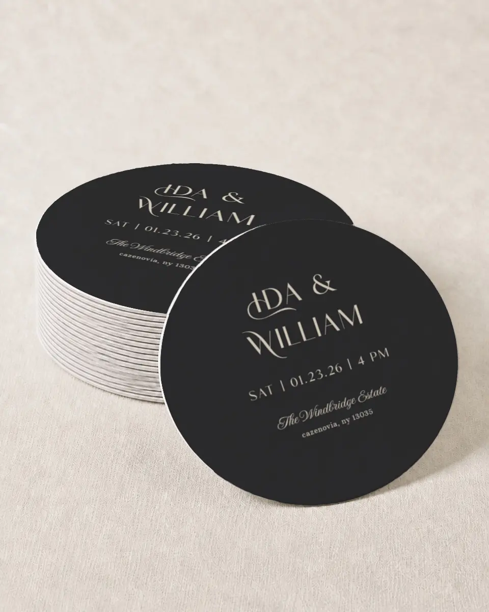 This is a 4" x 4" Wedding Coaster called Winter Wildflowers printed in full color with Gold foil on Kraft Chipboard paper