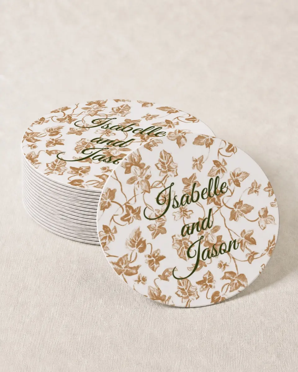 This is a 4" x 4" Wedding Coaster called Elegant Autumn printed in full color with Gold foil on Kraft Chipboard paper