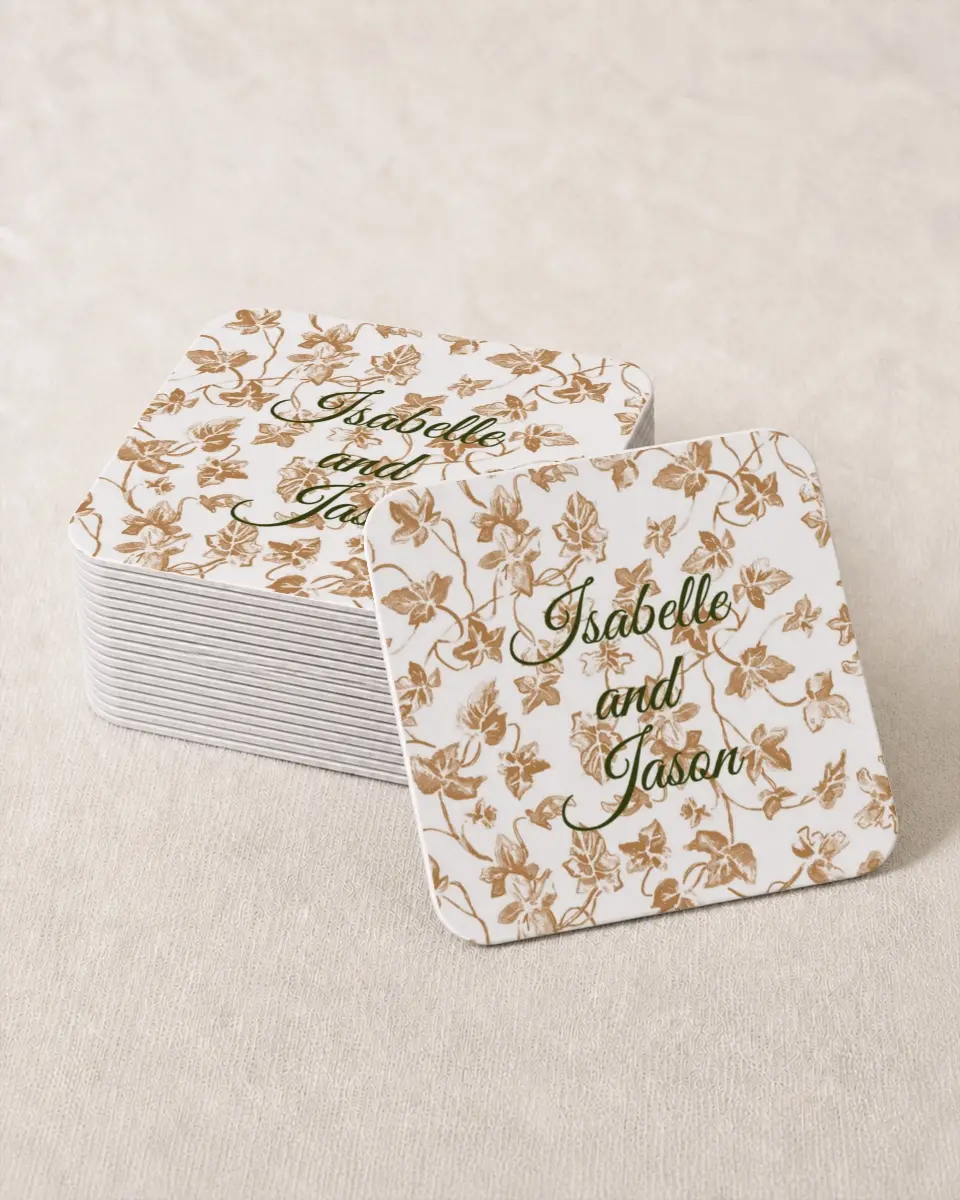 This is a 4" x 4" Wedding Coaster called Elegant Autumn printed in full color on Kraft Chipboard paper
