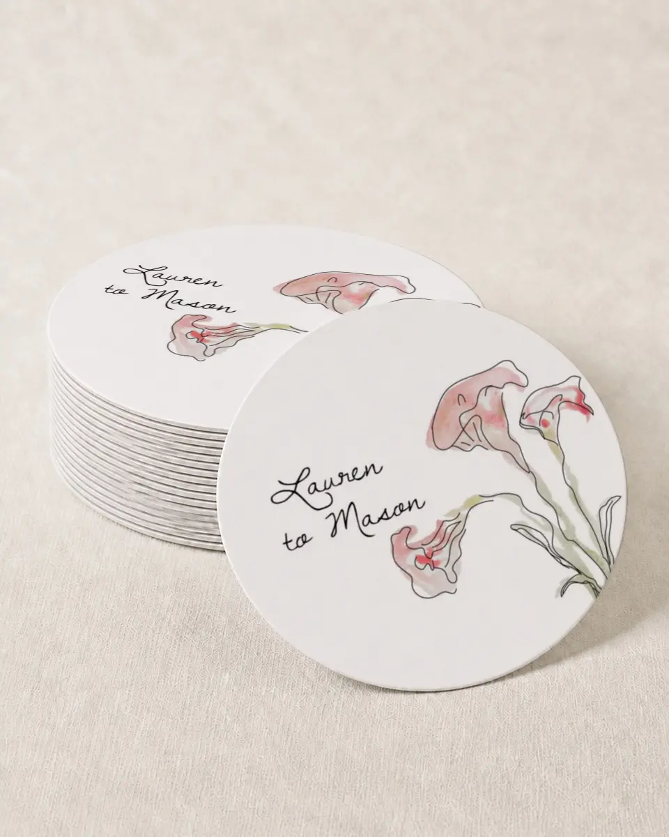 This is a 4" x 4" Wedding Coaster called Forever Bud printed in full color with Gold foil on Kraft Chipboard paper