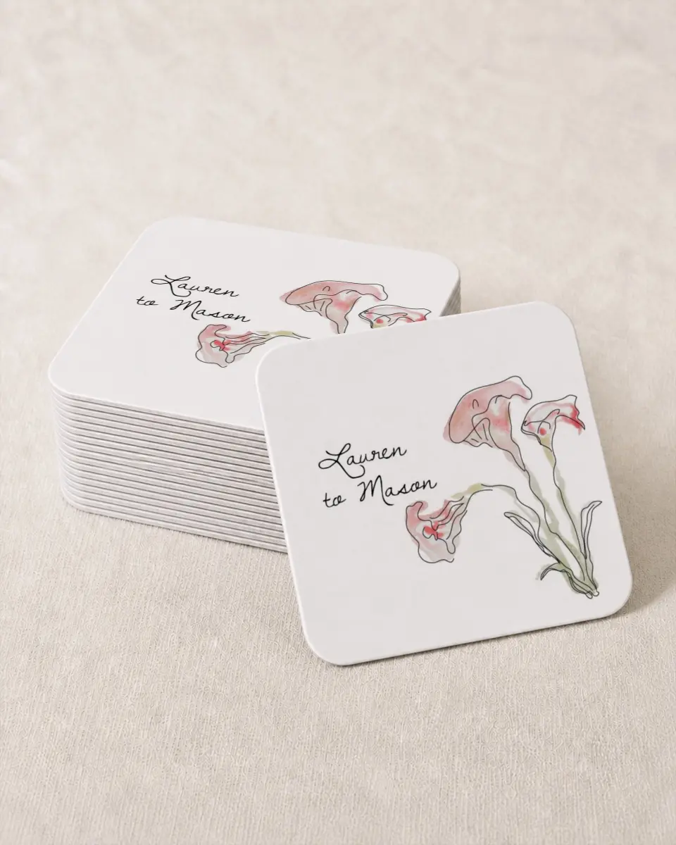This is a 4" x 4" Wedding Coaster called Forever Bud printed in full color with Gold foil on Kraft Chipboard paper