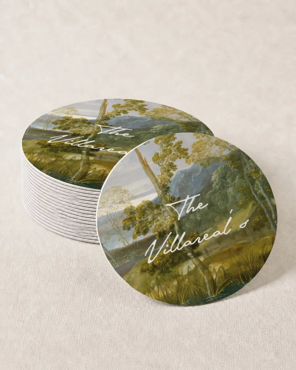 This is a 4" x 4" Wedding Coaster called With Love printed in full color with Gold foil on Kraft Chipboard paper