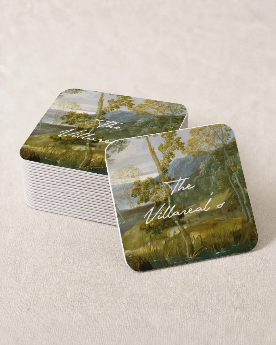 This is a 4" x 4" Wedding Coaster called With Love printed in full color on Kraft Chipboard paper
