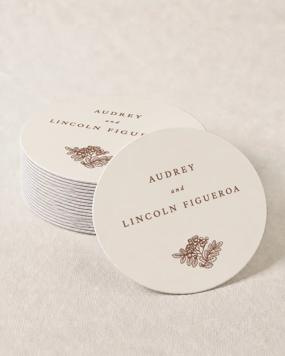 This is a 4" x 4" Wedding Coaster called Autumn Vow printed in full color with Gold foil on Kraft Chipboard paper