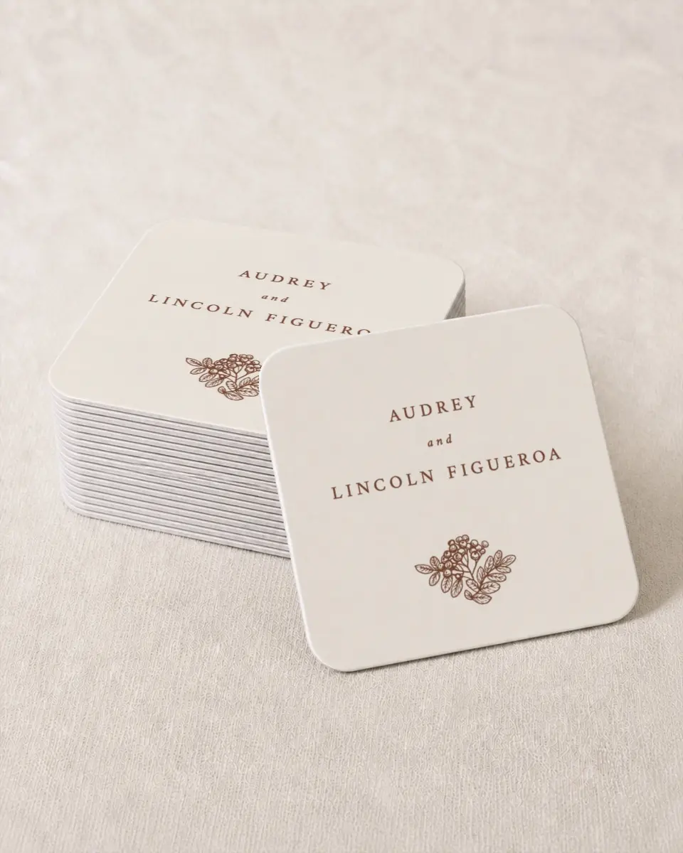 This is a 4" x 4" Wedding Coaster called Autumn Vow printed in full color with Gold foil on Kraft Chipboard paper