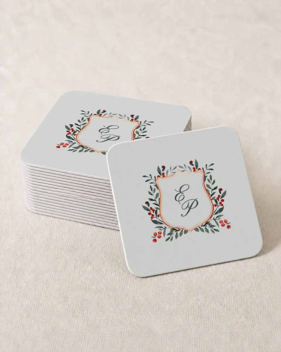 This is a 4" x 4" Wedding Coaster called Heirloom Holly printed in full color on Kraft Chipboard paper