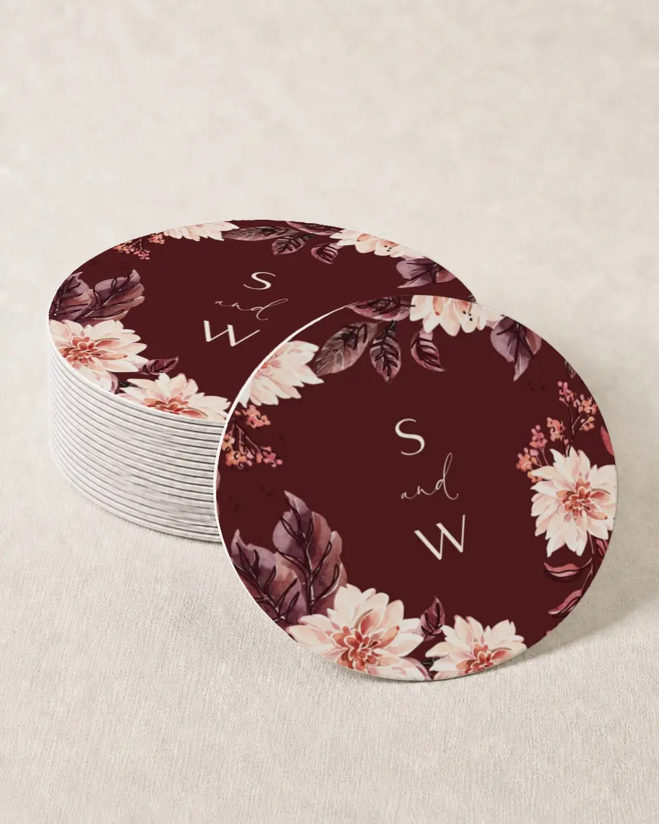 This is a 4" x 4" Wedding Coaster called Fall Florals printed in full color on Kraft Chipboard paper