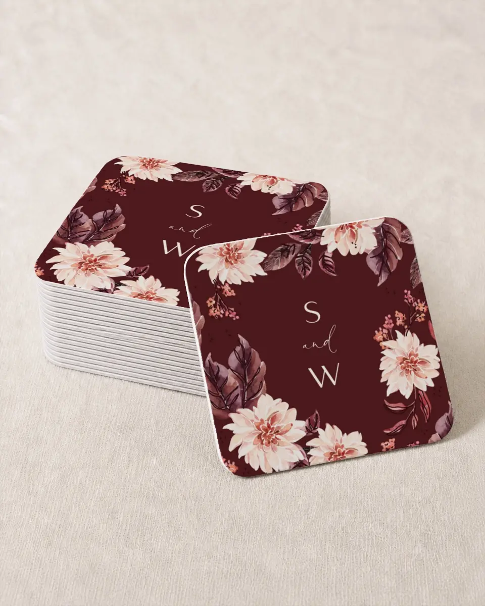 This is a 4" x 4" Wedding Coaster called Fall Florals printed in full color on Kraft Chipboard paper