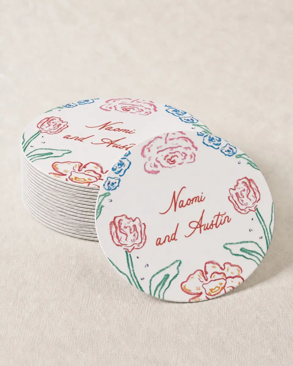 This is a 4" x 4" Wedding Coaster called Whimsy Love printed in full color on Kraft Chipboard paper